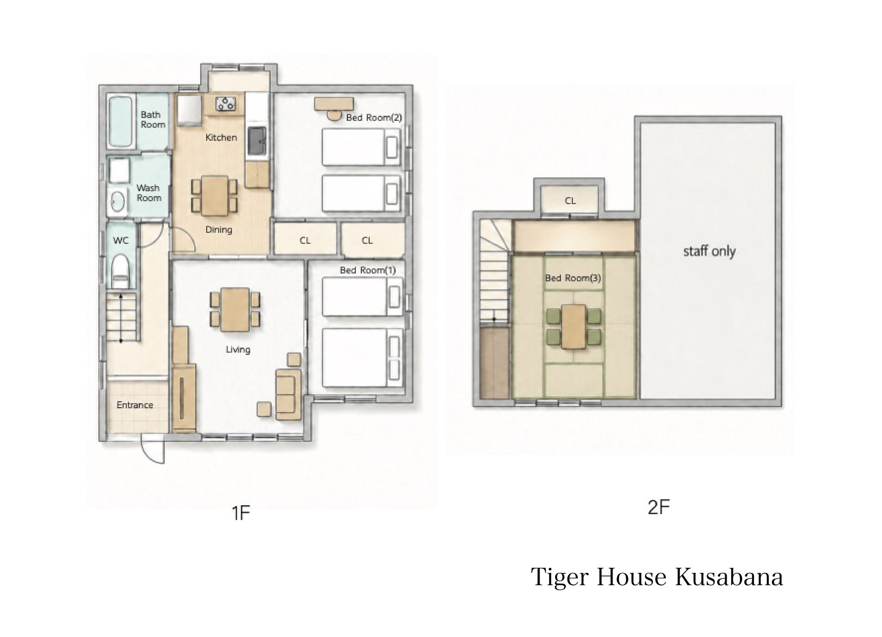 Tiger House Kusabanaの1階と2階の平面図